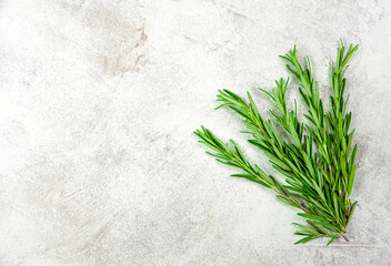 A bunch of rosemary on a light marble background.