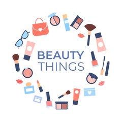 Woman accessories circle frame isolated on white background. Natural products cosmetics packaging cream bag perfume accessories for makeup.