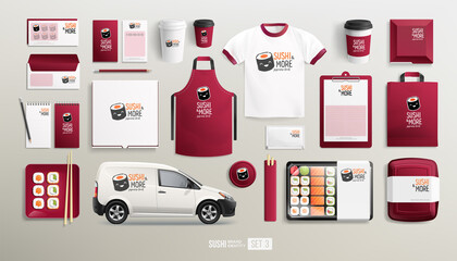 Sushi Bar Restaurant Corporate Brand identity with Sushi logo on food package. White and maroon colors stationery MockUp set of Sushi delivery van, lunch box, uniform, package. Japanese food branding - obrazy, fototapety, plakaty