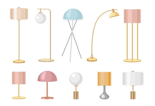 Set of Table Work Lamps, Desk Bulbs and Floor Torcheres of Modern Design with Shades. Electric Supplies for Home Decor