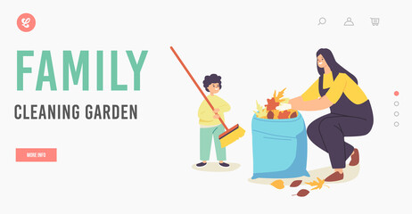 Family Cleaning Garden Landing Page Template. Happy Mother and Baby Collecting Leaves to Bag. Characters Cleanup