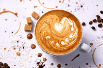 Heart shaped espresso, latte, macchiato, coffee, on white background