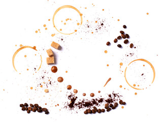 Mark of a coffee cups, coffee beans, brown sugar cubes decoration on white background