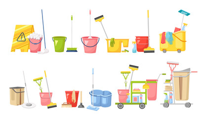 Set of Cleaning Service Equipment, Supplies for Washing Room. Janitor Cart with Maid Tools for Washing and Housekeeping