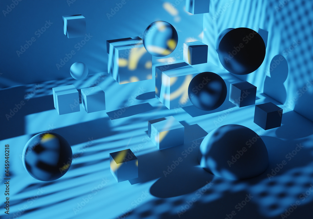 Poster abstract geometry. background is blue. abstract background with balls in zero gravity. simple geomet