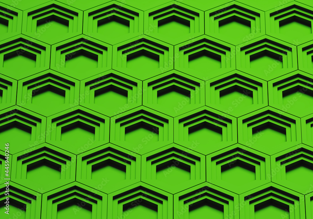 Poster wall of green hexagons. geometric background on theme of technology. abstract technological backgrou