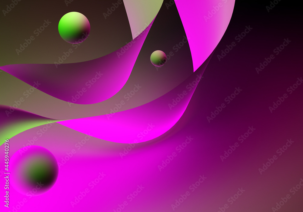 Poster abstraction with wavy objects. dark pink gradient background. flying 3d elements. waves texture from