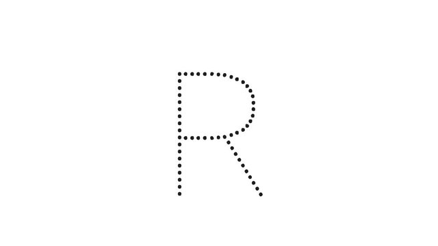 Tutorial for writing English alphabet. Trace the letter R with a pencil isolated on white background. Animated letters sample for children sequential writing of the letter R
