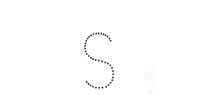 Tutorial for writing English alphabet. Trace the letter S with a pencil isolated on white background. Animated letters sample for children sequential writing of the letter S