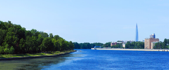 Panoramic view of Saint  Petersburg, Russia. Bolshaya Nevka river, Kamenny island, Elagin island. Skyscraper Lakhta center on background