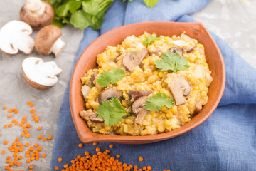 Lentils porridge with champignons. and coriander in a clay bowl on a gray concrete background. Side view, selective focus.