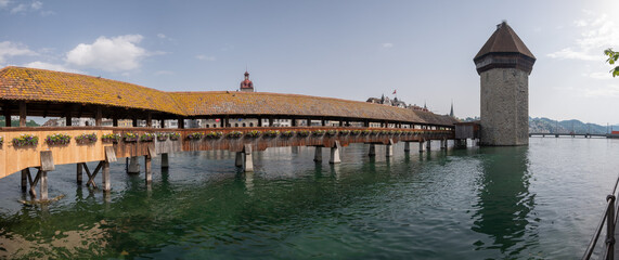 Panoramic view of city center of Lucerne with famous Chapel Bridge and lake - Canton of Luzern,...