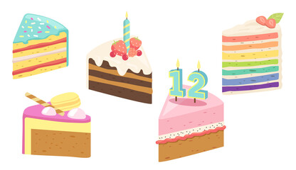 Set Cake, Birthday Dessert Pieces with Candles, Fruits or Berries. Confectionery Sweet Production Pies, Pastry, Bakery