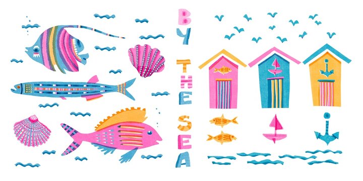 Whimsical summer beach icon set design elementa. Colorful cute screen print effect. Playful summer fish, beach hut, shell, seagull illustration collection. High resolution isolated on white.