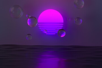 Sci-fi synthwave style 3D illustration with neon sun above the sea.