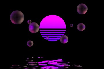 Sci-fi synthwave style 3D illustration with neon sun above the sea.