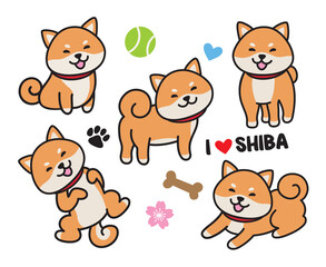 Cute shiba inu dog vector illustration set. - obrazy, fototapety, plakaty