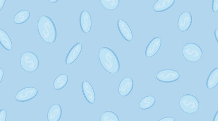 Naklejka na ściany i meble Falling rain coins. Dollar icon. Isometric vector seamless pattern. Blue win casino game background.