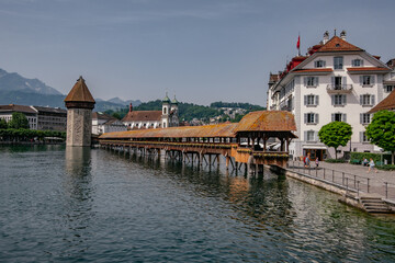 Panoramic view of city center of Lucerne with famous Chapel Bridge and lake - Canton of Luzern,...