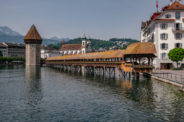 Panoramic view of city center of Lucerne with famous Chapel Bridge and lake - Canton of Luzern,...