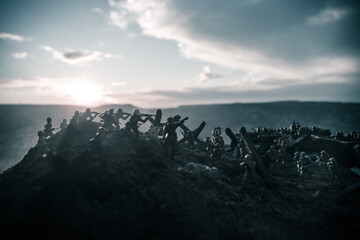 World War 2 reenactment (D-day). Creative decoration with toy soldiers, landing crafts and...