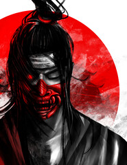 Artwork illustration of japanese samurai warrior in red mask possessed by oni demon.