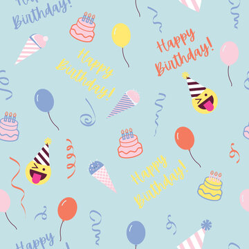Birthday seamless pattern for wrapper, background, fabric, postcards with elements of birthday cake, ice cream, streamers, balloons.