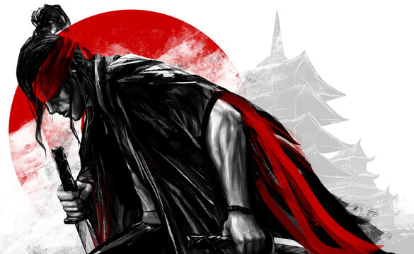 Artwork illustration of japanese samurai warrior kneeling with swords.
