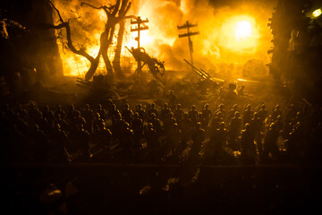 War Concept. Military silhouettes fighting scene on war fog sky background, World War Soldiers...
