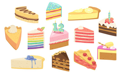 Set Birthday Cakes Dessert Pieces with Candles, Fruits or Berries. Confectionery Sweet Production Pies, Pastry, Bakery