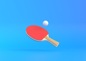 Red racket for table tennis with white ball on blue background. Ping pong sports equipment. Minimal creative concept. 3d rendering illustration