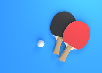 Red and black rackets for table tennis with white ball on blue background. Ping pong sports equipment. Minimal creative concept. 3d rendering illustration
