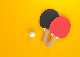 Red and black rackets for table tennis with white ball on yellow background. Ping pong sports equipment. Minimal creative concept. 3d rendering illustration