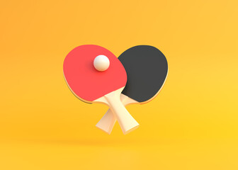 Red and black rackets for table tennis with white ball on yellow background. Ping pong sports equipment. Minimal creative concept. 3d rendering illustration