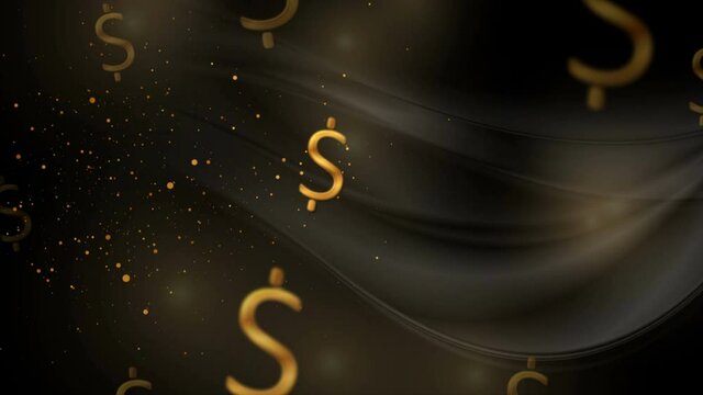 Black and luxury golden wavy abstract motion background with dollar signs. Video animation Ultra HD 4K 3840x2160
