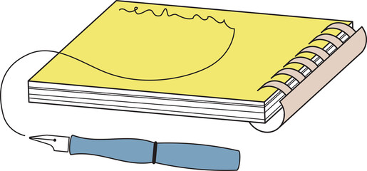 Ink pen and notebook vector illustration.Outlined art. Sketchy style. Hand drawn object illustration.