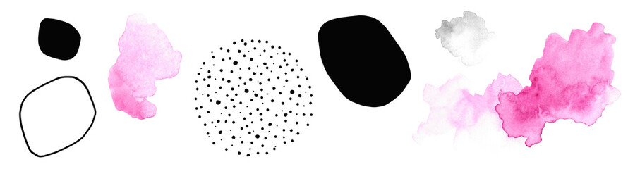 Abstract pink and black set. Watercolor aesthetic decoration for mixed media idea, digital set, techniques and aesthetic. Watercolour illustration on white background.