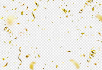Gold confetti, serpentine ribbons isolated on transparent vector background. Glitter tinsel, shiny streamer pattern in 3d realistic style for birthday, party, carnival design