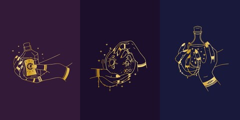 Woman hands, moon, sacred geometry stars isolated. The object of spiritual occultism. Vector illustration in golden outline style. Esoteric mystical magic.
