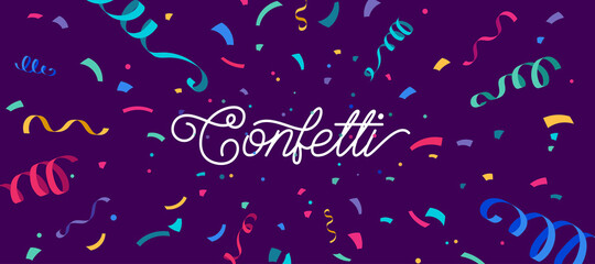Confetti vector banner background with colorful serpentine ribbons, place for yours text at the center. Anniversary, celebration, greeting illustration in flat simple cartoon style with fun explosion