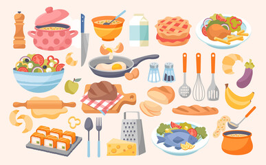 Cooking set. Household kitchen food preparation items concept. Object collection with kitchenware, dishes, diner ingredients prep process as domestic catering. Flat cartoon vector illustration.