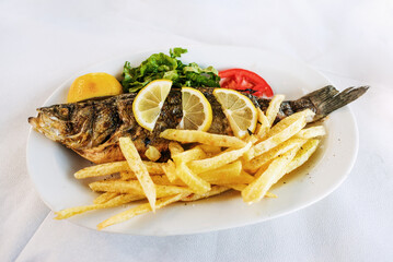 Grilled sea fish and garnish on white plate, closeup