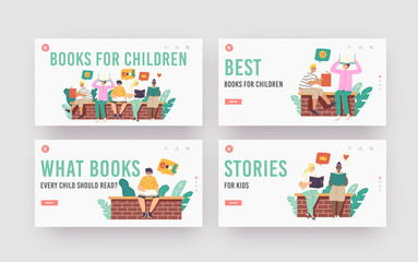 Books for Children Landing Page Template Set. Kids Reading Stories Sitting on Brick Wall. School Education, Knowledge