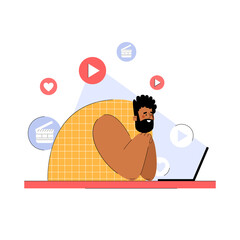 Man watching a video on a computer in a trending style. Distance learning. Vector illustration