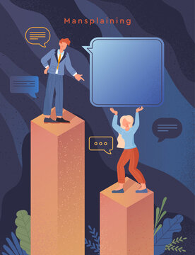 Mansplaining and gender stereotypes abstract concept. Sex Discrimination. Man overly explaining to woman. Symbol of degrading, humiliation and gender issues. Flat cartoon vector illustration