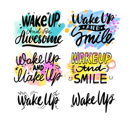 Wake Up and Smile Banner, Creative Typography with Cartoon Elements Isolated on White Background. Greeting Cards