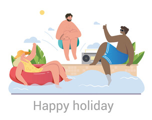 Obraz premium Group of diverse multiethnic friends celebrating a Happy Holiday at a tropical resort in summer gathered at the pool, colored flat cartoon vector illustration on white background with copyspace