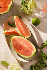 Watermelon slices, lime and mint in the morning light on sand-colored surface