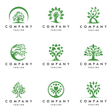 people ecology tree logo set vector icon illustration design