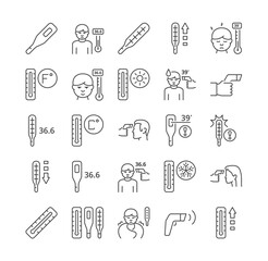 Temperature Vector Line Icons. Thermometer, Fahrenheit, Celsius, Pyrometer, Body Temperature Check, Sick Patient, Fever. Editable Stroke. Set of Outline Flat Vector Illustrations Isolated on White